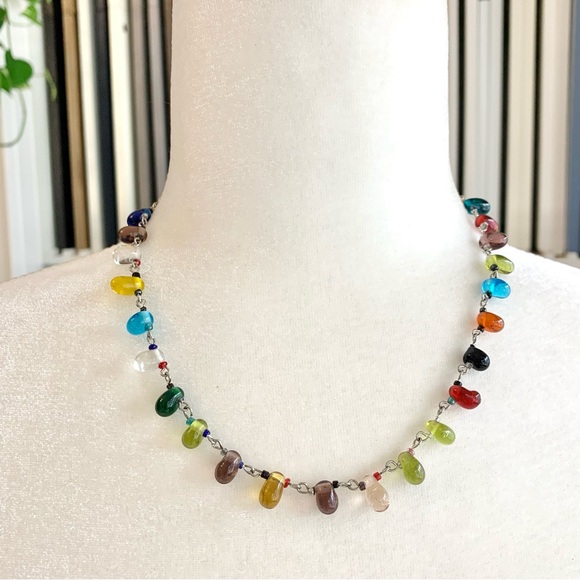 VTG Multi Color Jelly Bean Teardrop Glass Beaded Necklace 18” - Picture 1 of 9